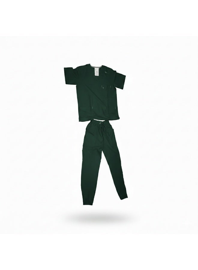 Dark green short-sleeve medical scrub suit, suitable for daily use in hospitals and clinics. Practical design made from comfortable fabric that allows easy movement and is simple to care for and clean. - Image 1